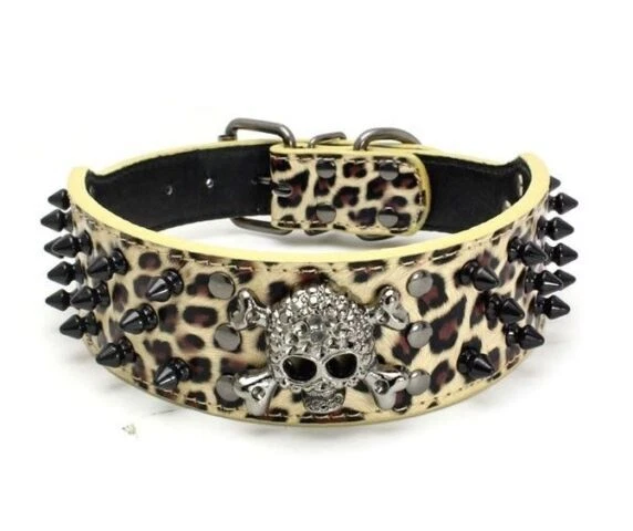 Large Spike SKULL Stud Metal Dog PU Leather Collar Pit Bull Mastiff Rivet-ANIMAL - Image 1 of 3