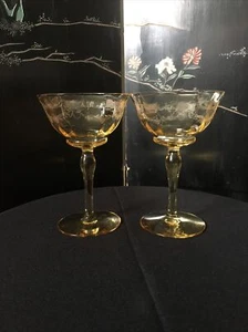 2 Etched Optic Topaz Stemmed Cocktail Glasses - Picture 1 of 5
