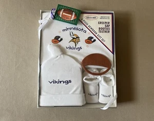 Newborn Baby NFL Minnesota Vikings 4 Pc Set~Creeper, Booties, Cap & Teether, New - Picture 1 of 12