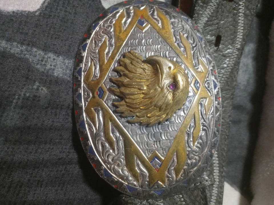 VINTAGE Crumrine Belt Buckle  Sterling & Gold Plated Eagle w/RUBY Eyes - Image 1 of 2