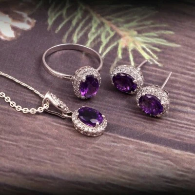 Ametista Viola Gemma 925 Argento Sterling Sposa Gioielli Set Anniversario Regalo - Immagine 1 di 4
