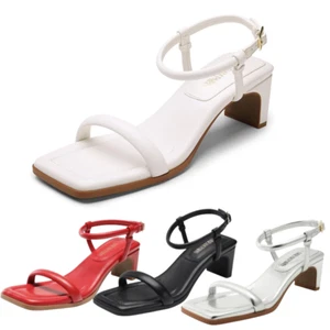 Women Low Chunky Heel Ankle Strap Square Toe Comfort Party Dress Heel Sandals - Picture 1 of 30