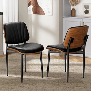 Dining Chairs Set of 2 Mid-Century Modern Upholstered PU Leather with Back Black - Picture 1 of 9