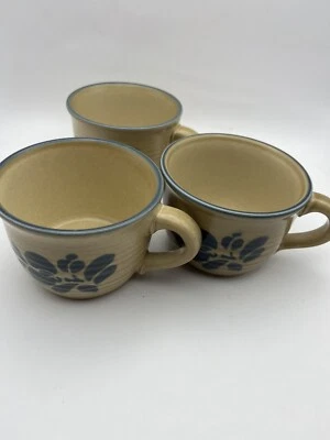 Pfaltzgraff Folk Art Coffee Tea Cups Mugs 2 1/2” Blue Tan USA Set of 3 - Image 1 of 4