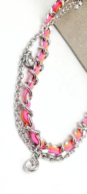 Ann Taylor Fun Long Silvertone Chainlink Necklace Ribbon Braided Pink & Orange - Image 1 of 4