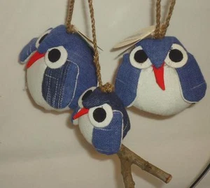 Cotton Owl Pair + Single on Tree Branch Fair Trade Thailand NWT Owlet Blue - Picture 1 of 2