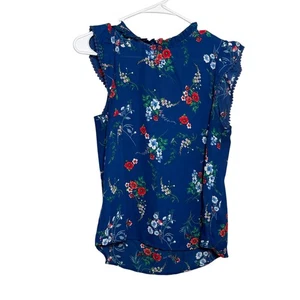 Crescent & Willough Blouse Women's Large Blue Floral Tie Ruffle Lightweight Top - Picture 1 of 9