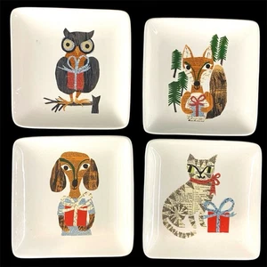 Pottery Barn Denise Fiedler Christmas Creature Appetizer Plates Owl Dog Cat Fox - Picture 1 of 8