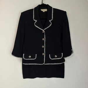 St. John Knit Suit Set Blazer Skirt Gold Button Wool Black White Sz 10 Vintage - Picture 1 of 15