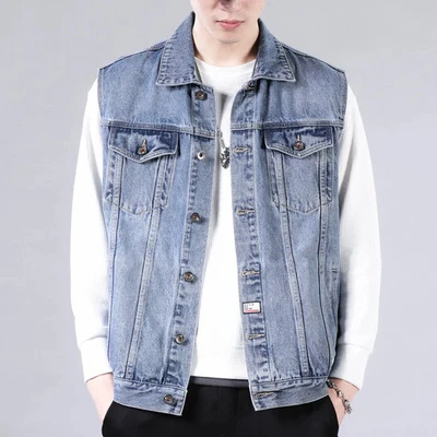 Autumn Denim Vest Jacket Retro Street Clothing Male Loose Motorcycle Pocket  - Photo 1/4