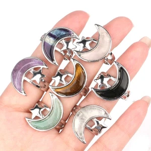 Anello Luna&Stella Cristallo Naturale Pietra Quarzo Agata Regolabile Gioielli Guarigione  - Foto 1 di 16