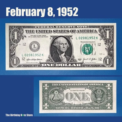 February 8, 1952 Birthday Anniversary $1 One Dollar Bill Serial Number 02081952 - Image 1 of 2