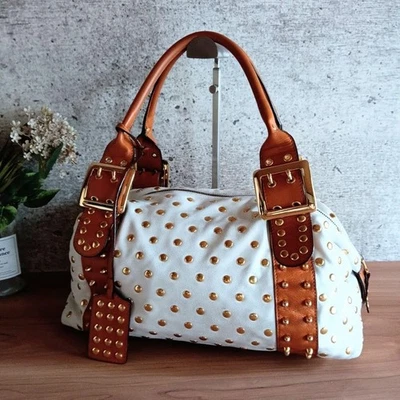 Besso Bolso de Mano Tachonado Bolso de Hombro Cartera Cuero Blanco Camel USADO Buen Estado Foto 1 de 4