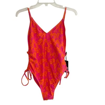 Ed Hardy High Cut One Piece Swimsuit "Lady" Print Orange Pink Tie Size Large - Image 1 of 4
