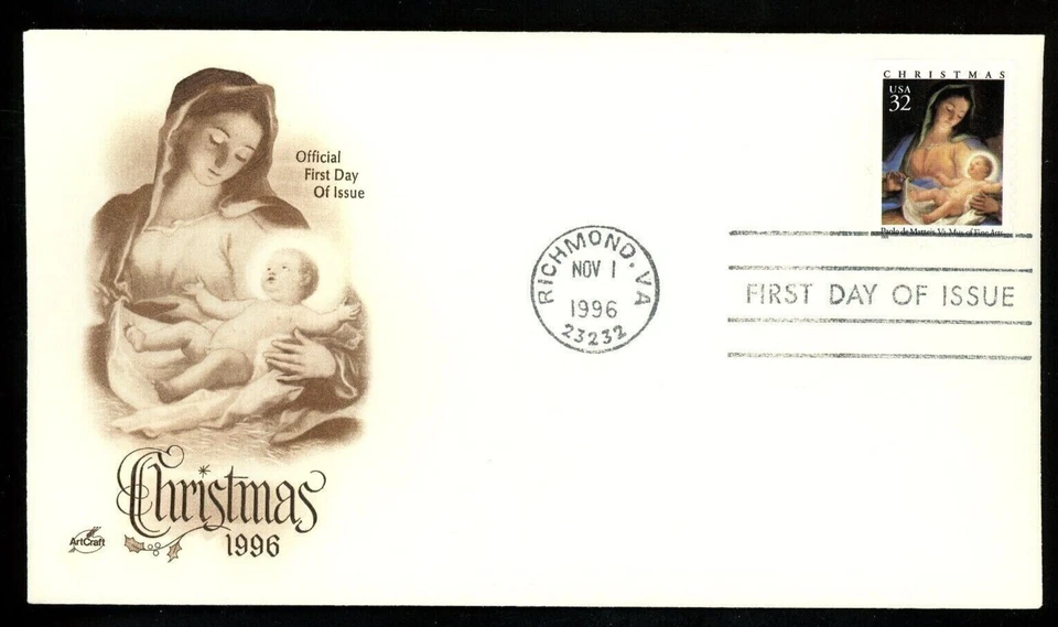 CHRISTMAS MADONNA AND CHILD DE MATTEIS 1996 ARTCRAFT CACHET FDC UNADDR - Image 1 of 1