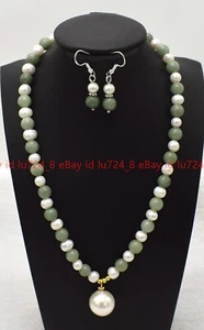 Natural White Pearl Green Jade &White Shell Pearl Pendant Necklace Earrings Set - Picture 1 of 12