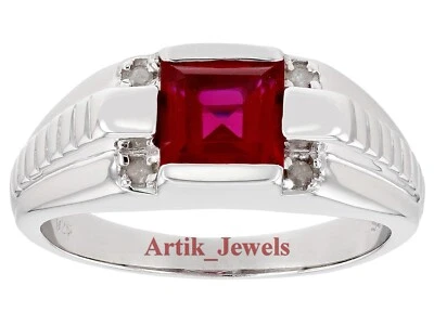 Künstlicher Rubin & Cz Mit 14K Weiß Vergoldet Silber Ring für Herren #779 - Bild 1 von 4