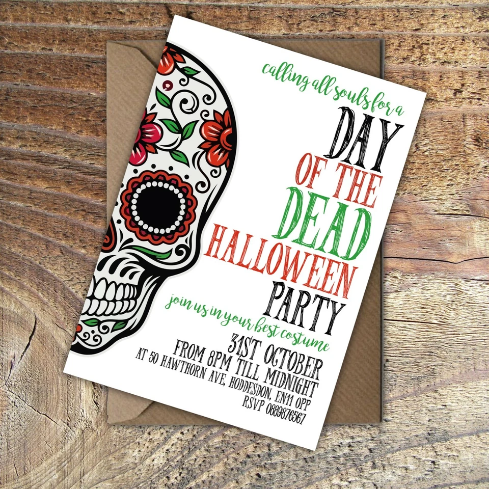 HALLOWEEN INVITATIONS Day of the Dead Party Personalised PK 10 - Image 1 of 1