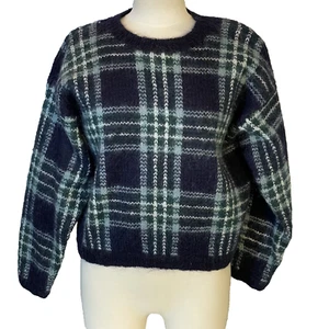Paul Harrris Blue Ivory Plaid Wool Mohair Preppy Academia Crew Neck Sweater Sz M - Picture 1 of 9