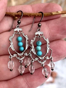 Pendientes colgantes vintage azul turquesa esterlina ornamentados - firmados - Imagen 1 de 6