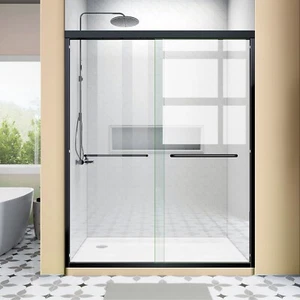 Glass Shower Door 56-60 in. W x 72 in. H Matte Black Semi-Frameless Sliding Door - Picture 1 of 9