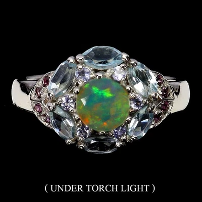 925 Anello Argento Sterling Rotondo Opale di Fuoco 6mm Topazio Blu Cielo Gemma - Immagine 1 di 4