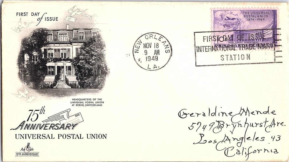 Universal Postal Union Berne Switzerland 75th Anny. Nov. 18,1949 Mail Cover FDC - Image 1 of 1
