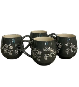 Temp-tations By Tara 14 Oz Floral Lace Mugs in Grey White Set Of Four (4) - Picture 1 of 5