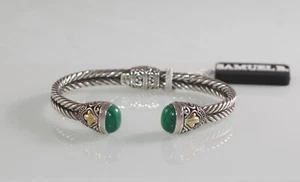 Samuel B Benham 925 18K Gold Malachite Cuff Twisted Cable Bracelet Bangle - Picture 1 of 10