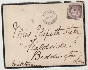 1893 AXMINSTER SQUARED CIRCLE 1d LILAC & MID TPO FROM THE SOUTH MOURNING COVER - Picture 1 of 3