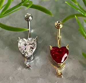 1pc CZ Gem Heart Devil Horns & Tail Belly Button Ring Pierced Navel Gold Plated - Picture 1 of 3