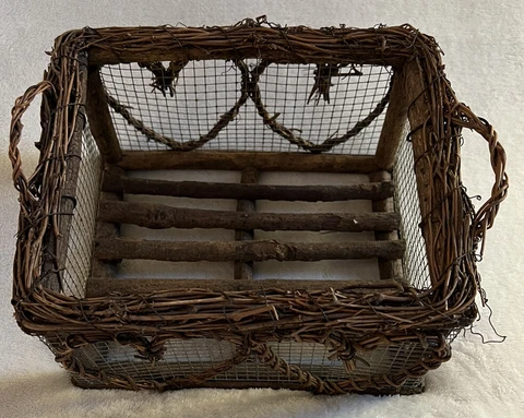 Vtg. Woven Wooden & Wire Open Basket Rectangular For Decor Silverware Napkins Cover
