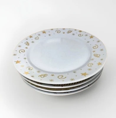 Pampered Chef Celebration Dessert Plates 8" White Gold Metallic - Image 1 of 4