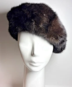 Vintage Dark Brown Fur Pillbox Style Winter Cap Hat With Hat Pin - Picture 1 of 13