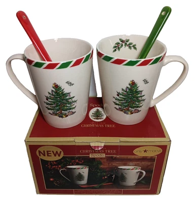 Spode Christmas Tree Mugs 14 Oz with Spoons Macys Exclusive 2019 With Spoons Box - Image 1 of 3