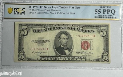 Fr. 1532* (*A Block) 1953 $5 Legal Tender Star ⭐️ Note (PCGS AU55PPQ) AW9451KY - Image 1 of 2