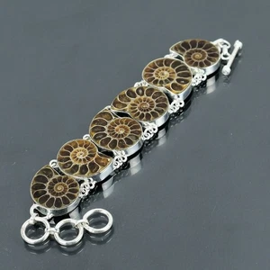 Regalo Para Mujer Pulsera Ajustable Cadena Plata 925 Natural Amonita Fósil - Imagen 1 de 5