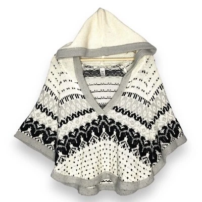 American Rag Cie Sweater S/M Hooded Poncho Southwestern Black Cream Gray Wool - Image 1 of 4