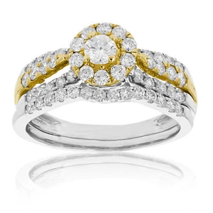 1 ct Diamond Wedding Ring Bridal Set for Women 14K White and Yellow Gold Round - Picture 1 of 10