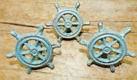 10 Cast Iron NAUTICAL SHIPSWHEEL Style Drawer Pull, Handle Door Handles Beach Cover