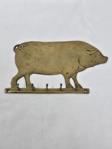 VINTAGE SOLID BRASS FARMHOUSE PIG WALL MOUNT 5 HOOK HANGER - Picture 1 of 3