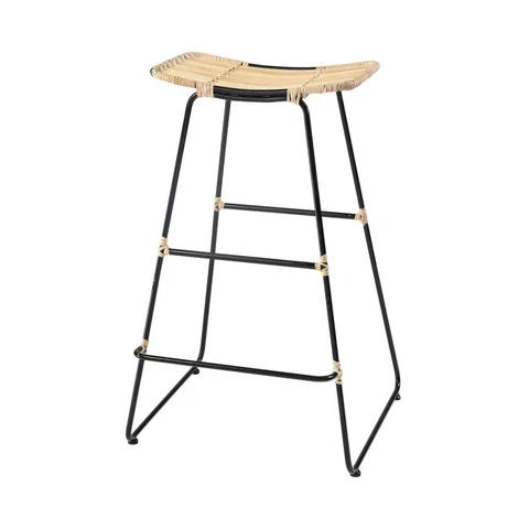 Woven Natural Bamboo Stool in Natural Wood and Bronze Finish with Black Metal Cover