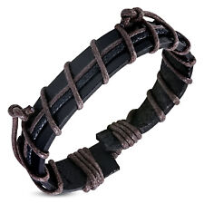 Genuine Black Leather Two-Tone Brown Strip Wrap Rope Adjustable Cord Bracelet 