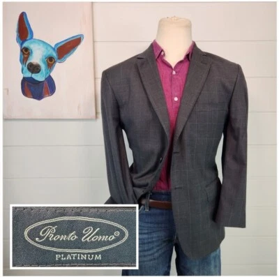 Pronto Uomo Platinum Mens Two Button Blazer Suit Jacket Gray Windowpane Size 44S - Image 1 of 4