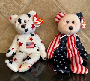 Set 2 TY Beanie Babies Bears Spangle The Bear Pink Face & Glory Excellent - Picture 1 of 4