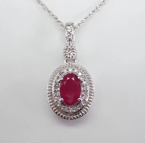 White Gold Diamond and Ruby Halo Pendant Necklace 18" Chain July Birthday Gift - Picture 1 of 5