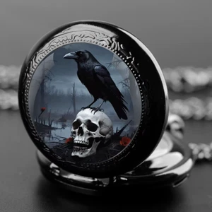 Vintage Skull Crow Pattern Quartz Pocket Watch Fashion Necklace Pendant Chain - Picture 1 of 9