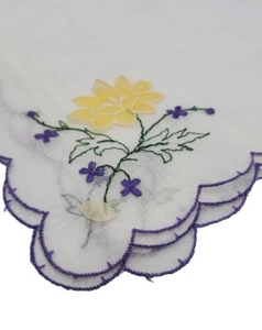 Vintage Hankie Handkerchief Embroidered Yellow Flower Purple Scalloped Edge - Picture 1 of 16