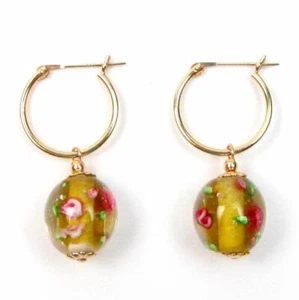 13X12mm Yellow Venetian Glass Bead Hoop Earrings 14K Yellow Gold or 925 Silver - Picture 1 of 1
