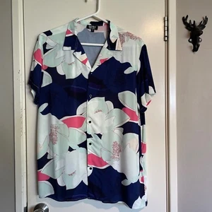 Boohoo Man Mens Shirt Size S Small Floral Print Blue Pink Short Slv Button Front - Picture 1 of 11
